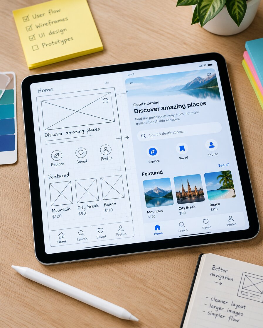 Tablet com wireframe de aplicação sobre a secretária
