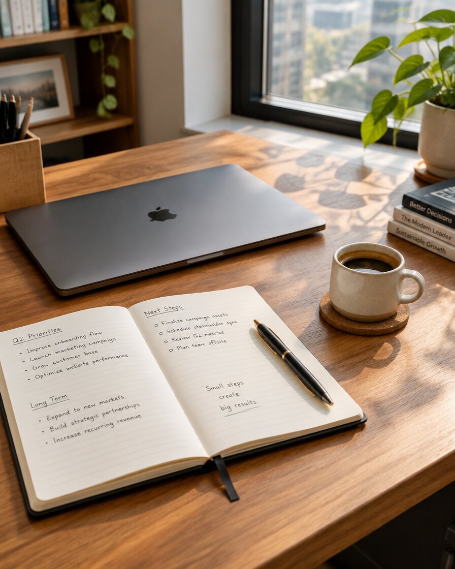 Secretária de escritório organizada, com caderno e portátil