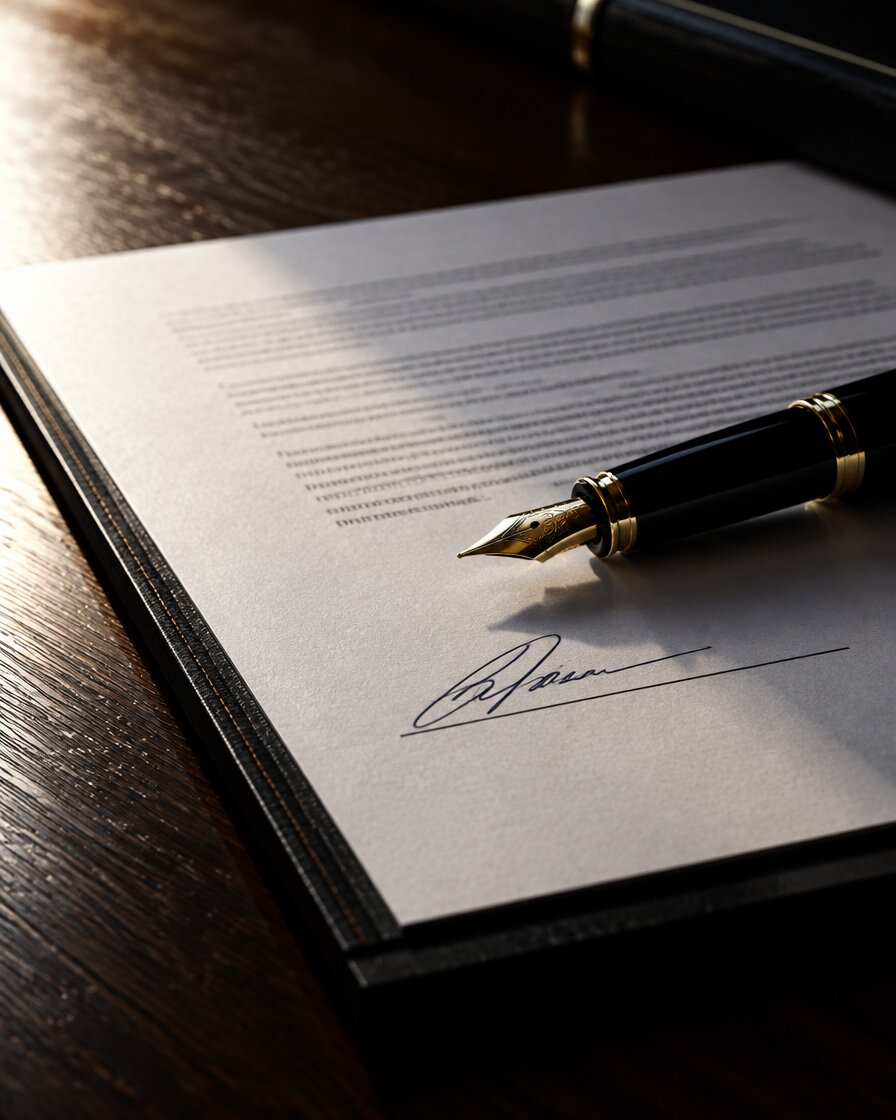 Documento de contrato assinado sobre uma secretária de madeira