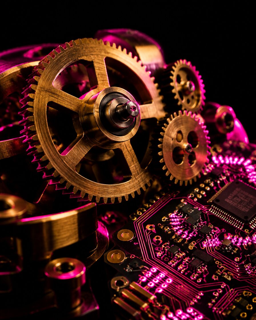 Engrenagens e circuito em macro, representando automação