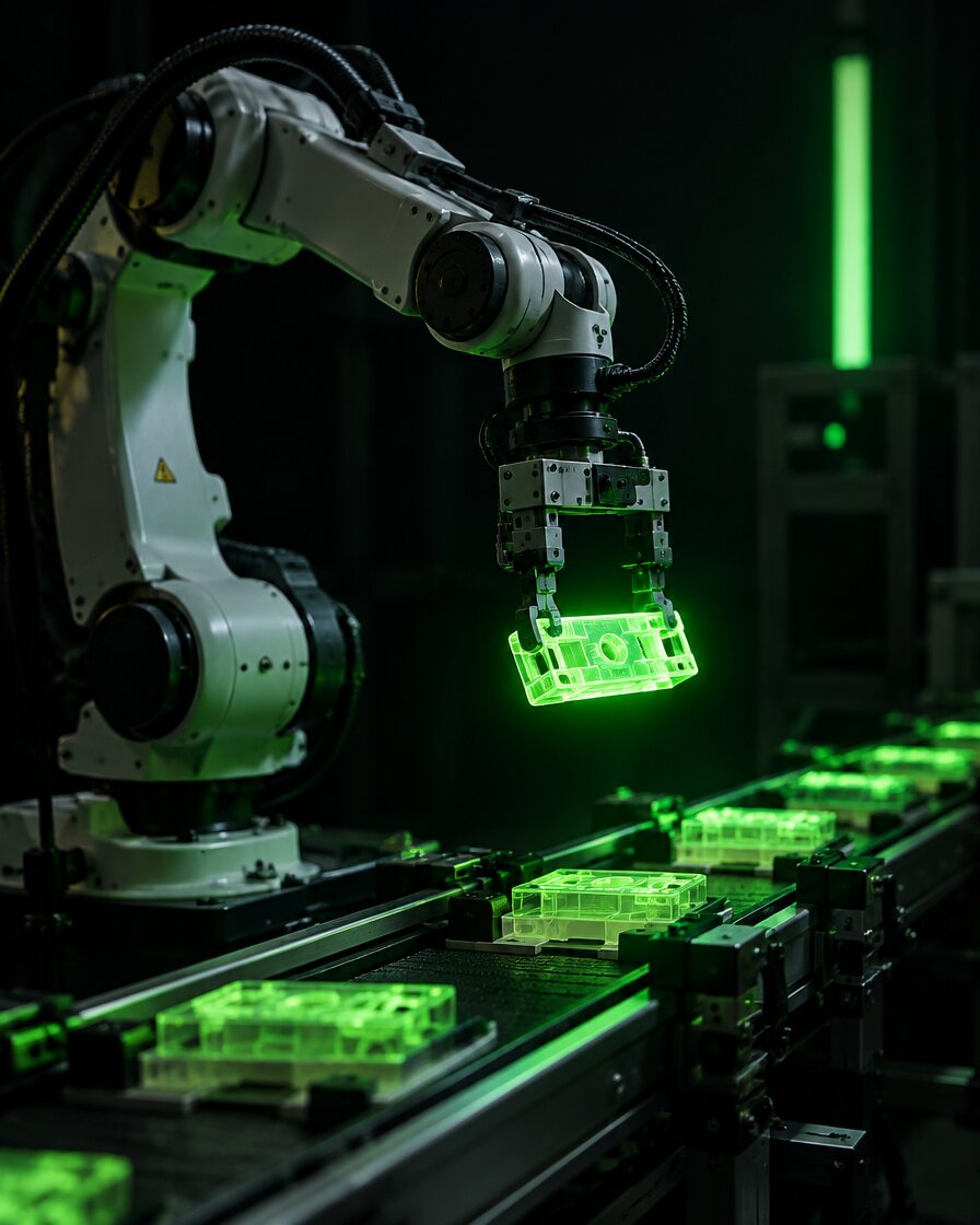 Braço robótico numa linha de produção automatizada