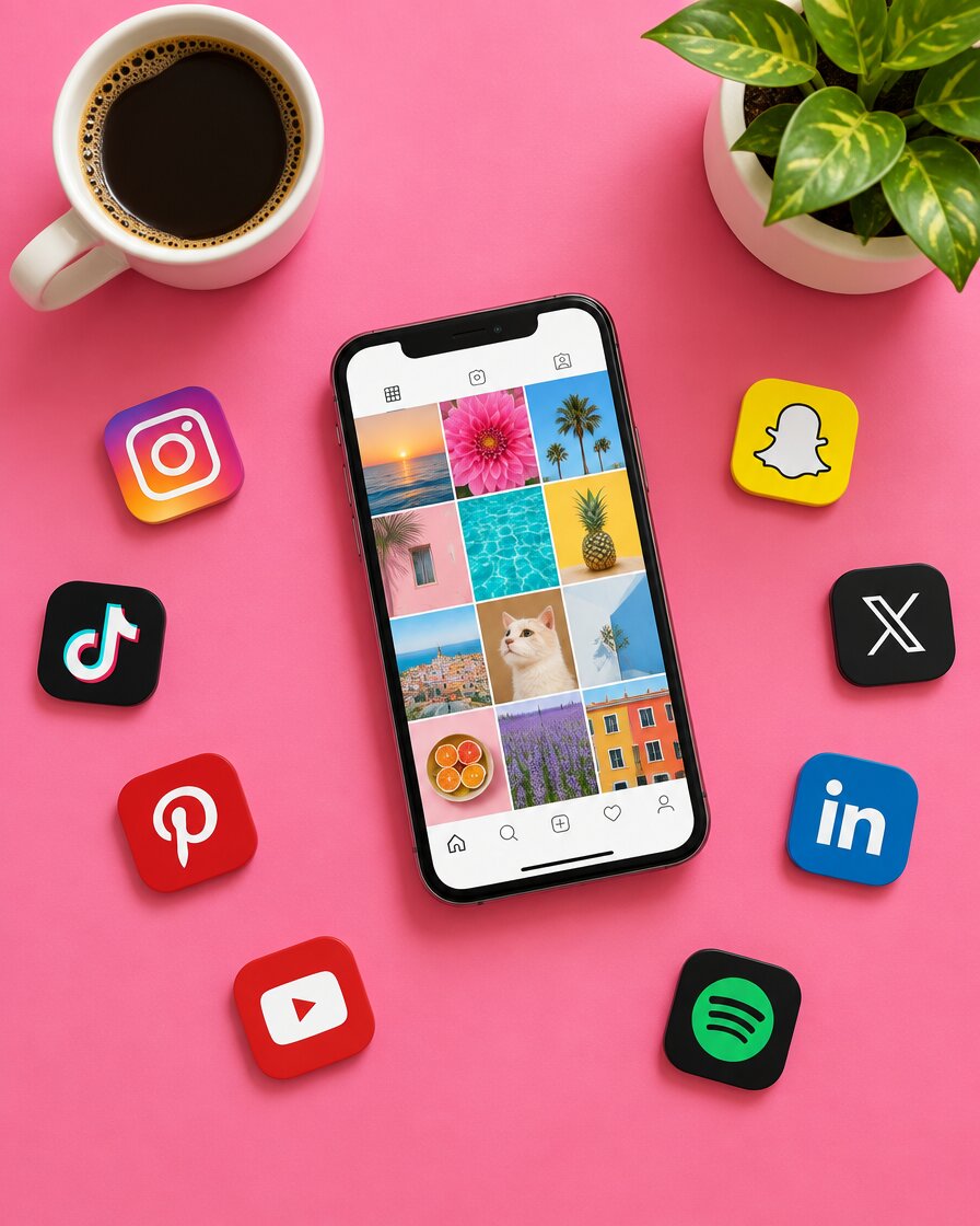 Smartphone com grelha de conteúdo para redes sociais