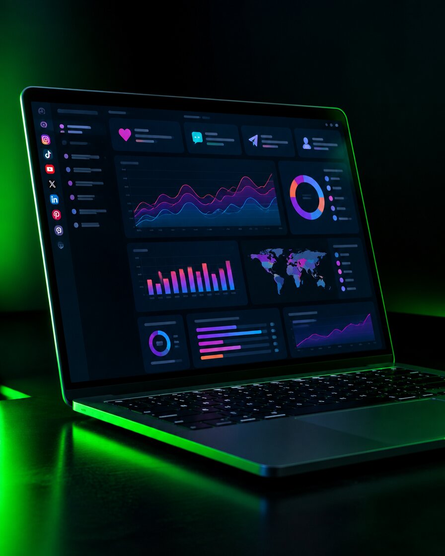 Ecrã com painel de métricas de redes sociais