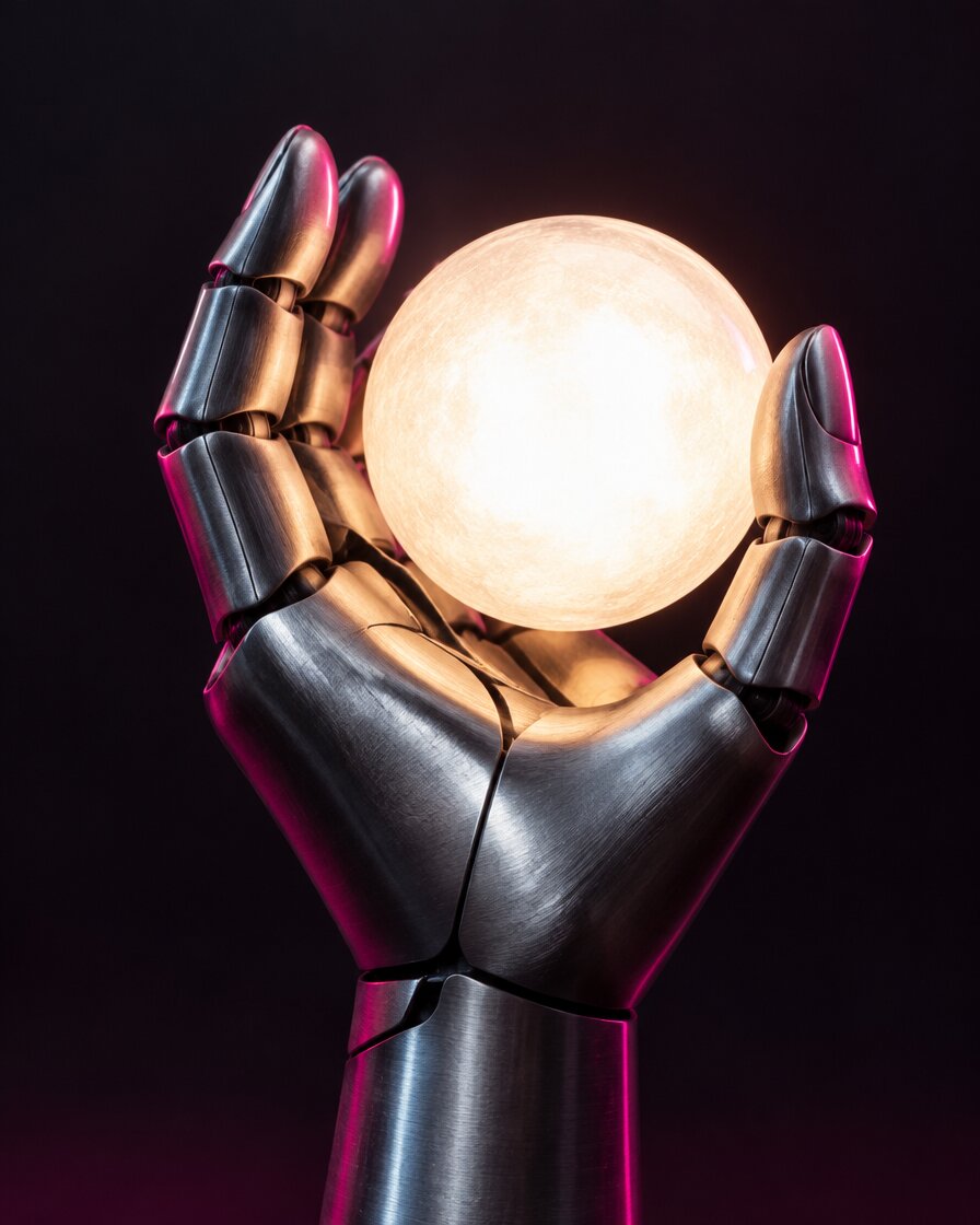 Escultura de mão robótica a segurar uma esfera de luz