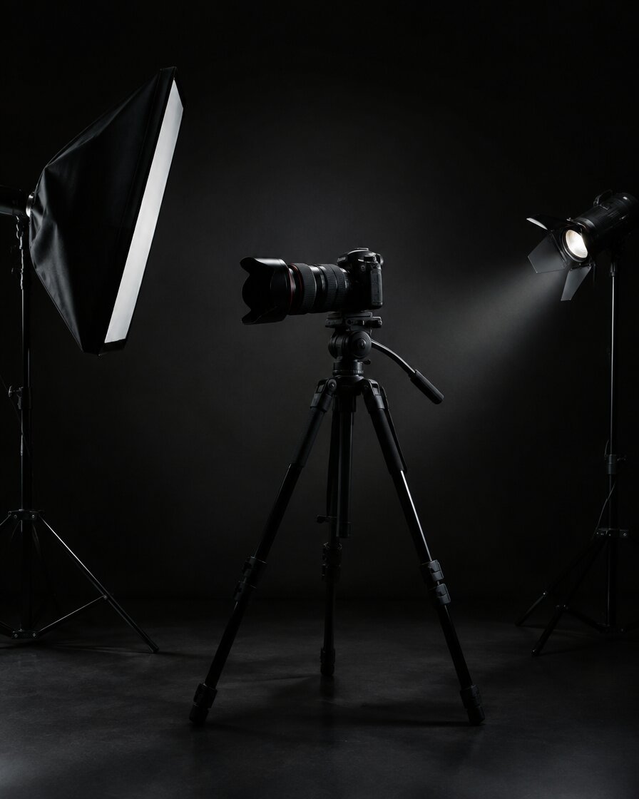 Equipamento de câmara e iluminação de estúdio