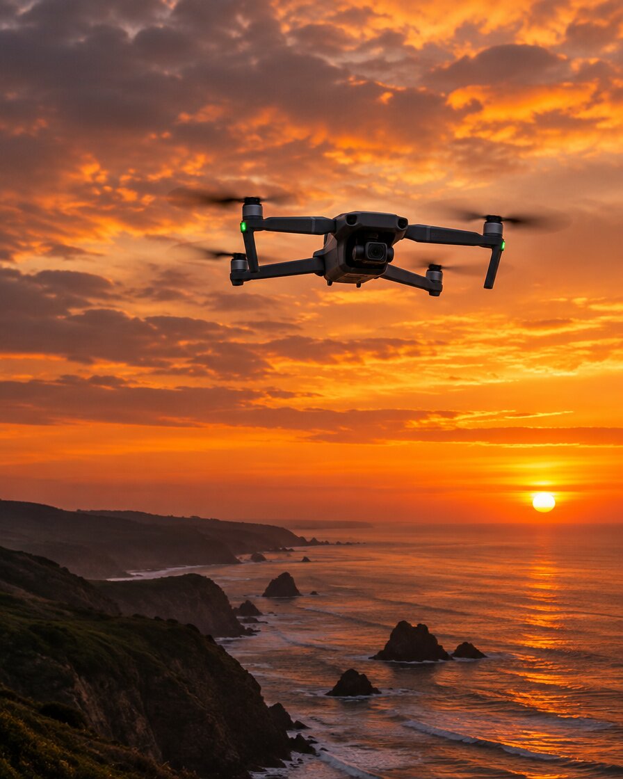 Drone em voo sobre um pôr do sol